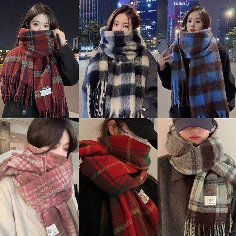 Korean Style Plaid Mohair Scarf - Women's Winter Imitation Cashmere Shawl