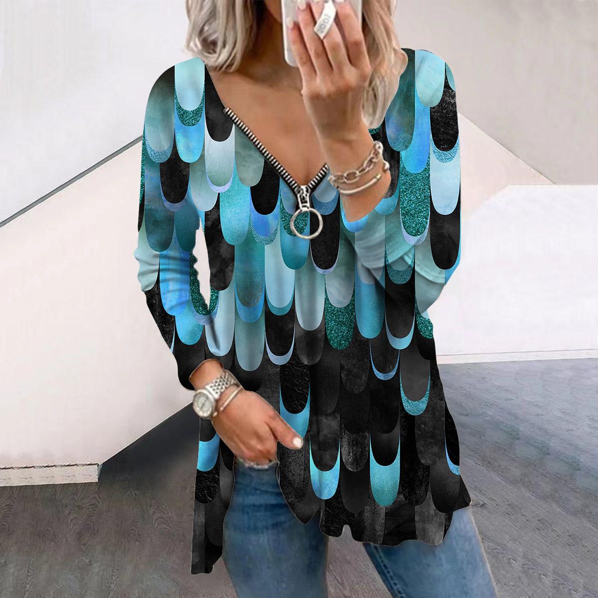 

Женские осенние футболки с длинным рукавом и принтом капель дождя, свободные футболки больших размеров с V-образным вырезом, удобные блузки 7XL светло-синий