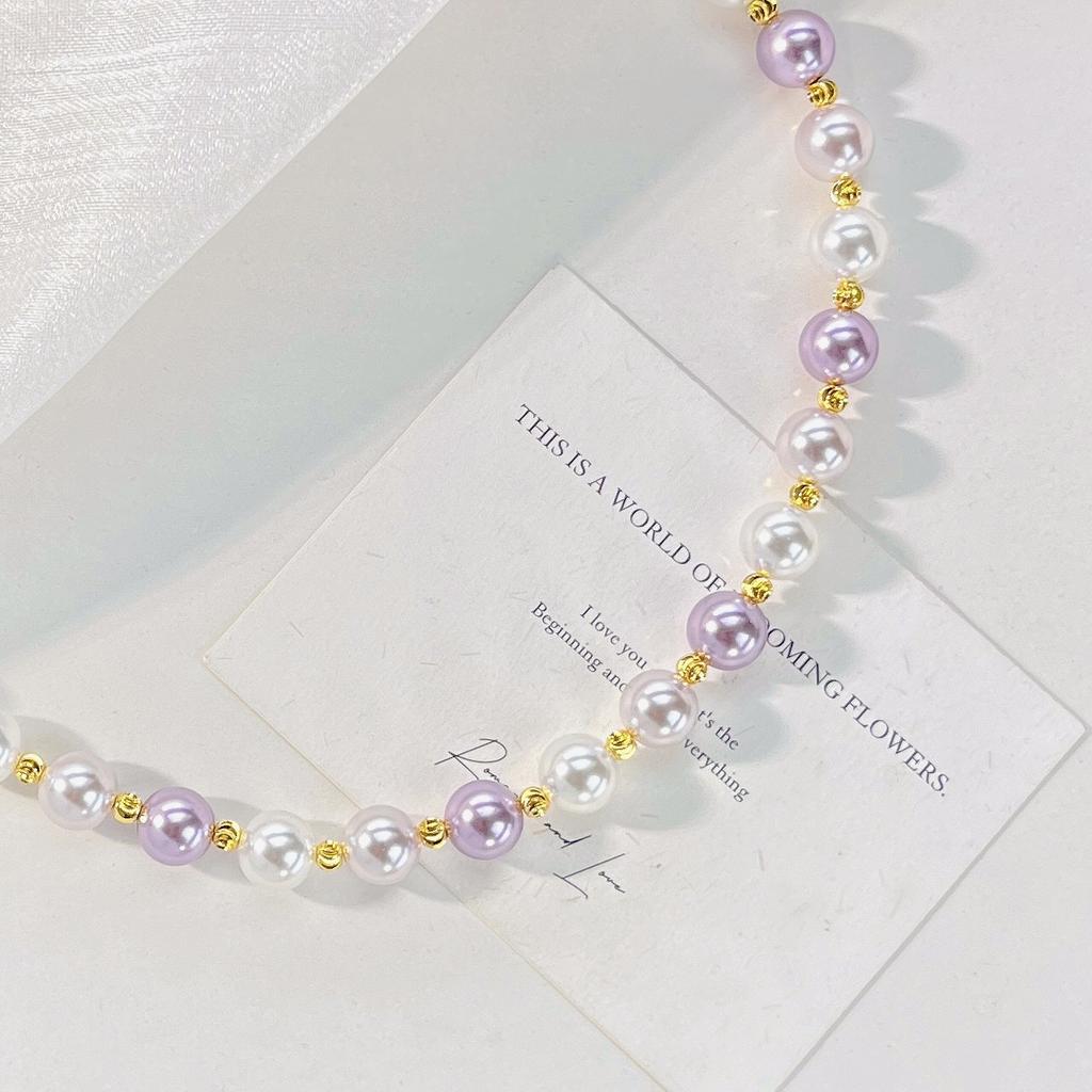 Haute Couture Design Mixed Color Purple And White Artificial Crystal Pearl Necklace Collarbone Chain