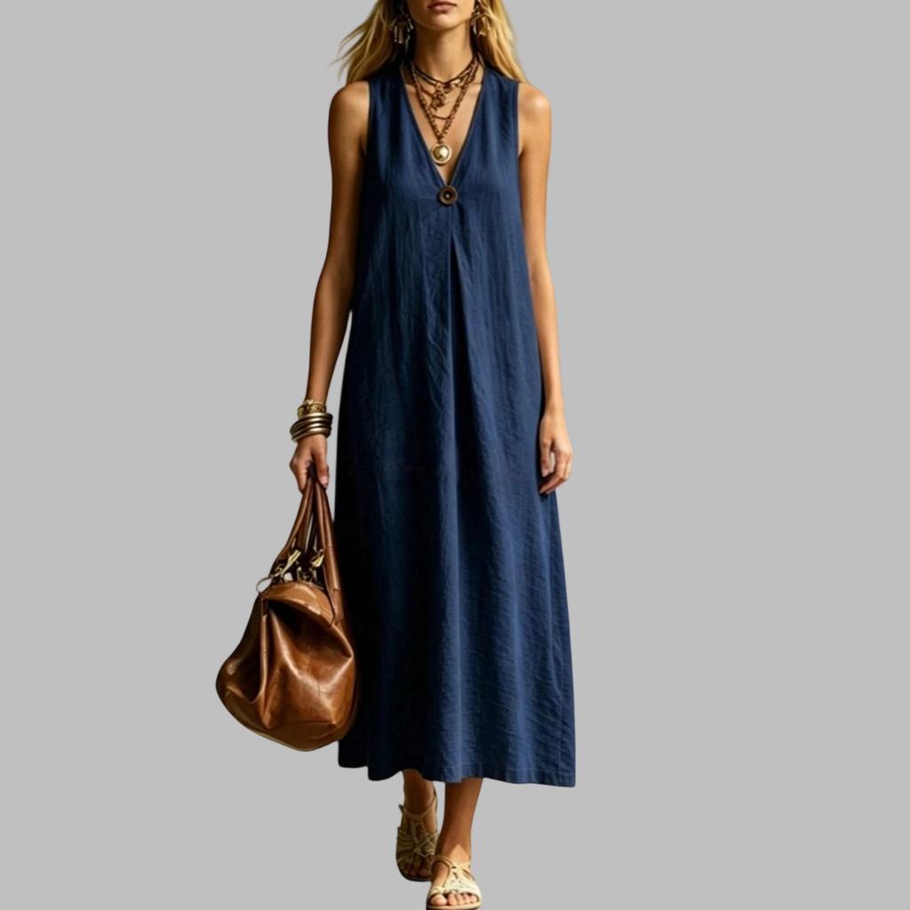 Rochie Maxi Fără Mâneci cu Decolteu în V din In pentru Femei, de Vară, Casual, Croială Largă, Rochie Lungă cu Detaliu Buton, Material Ușor și Respirabil