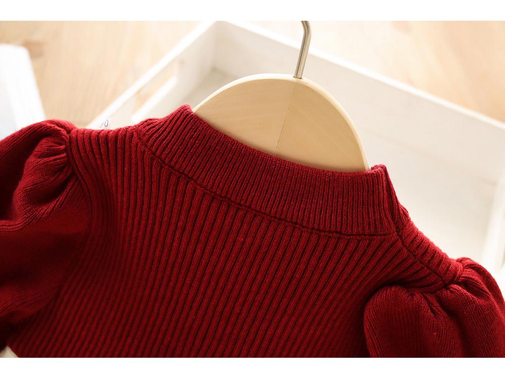 Rochie de iarnă tricotată cu fundă pentru fete, din lână, cu mâneci bufante - Stil coreean