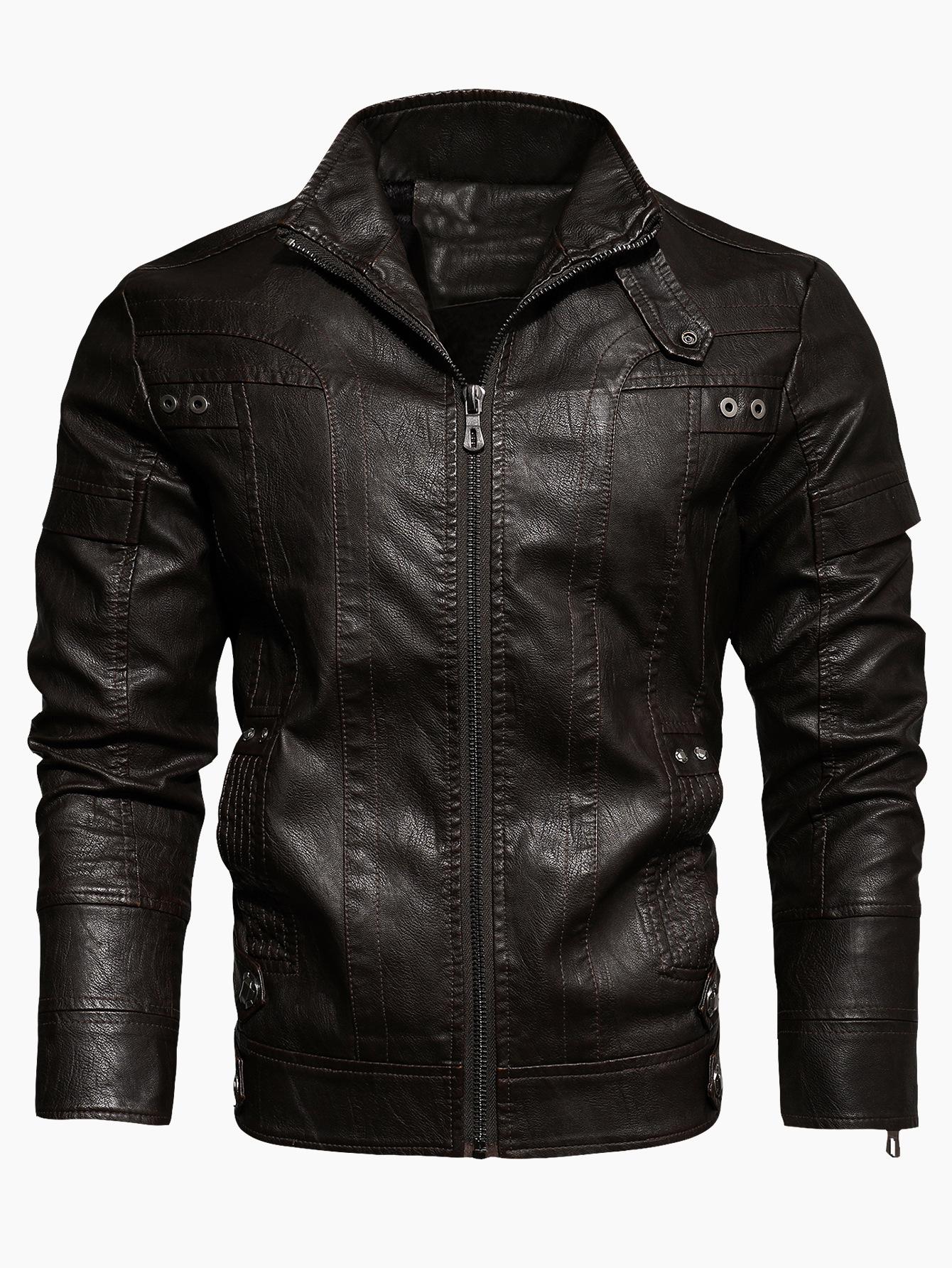 

Men s Stand Collar PU Leather Jacket, Retro European Size Outerwear 2XL кофейный