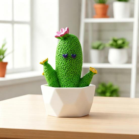 Mini Artificial Cactus Plants In Pots, Compact Faux Potted Cactus Ornaments, Resin Small Decorative Plant for Home Office Desk Tabletop Shelf Decor