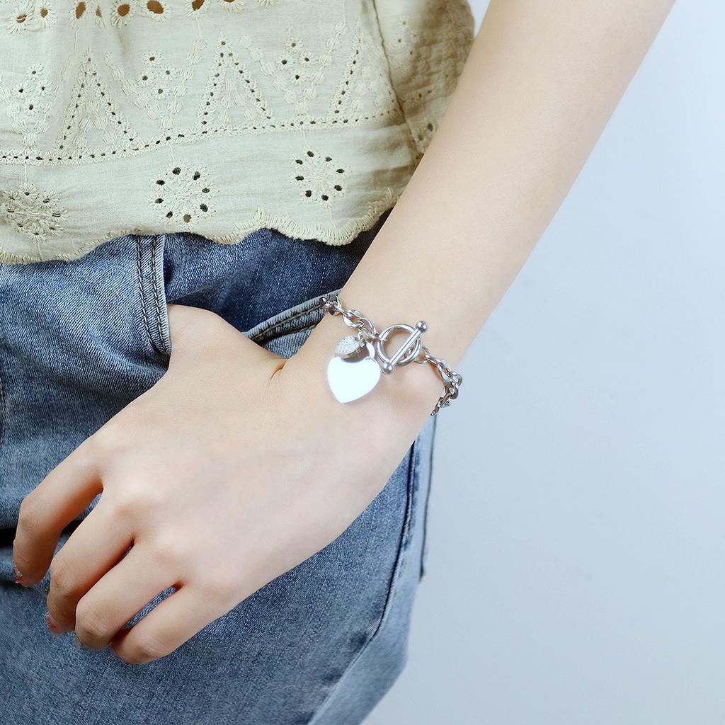 1pc Stainless Steel Bracelet With Heart Pendant, Double Heart OT Buckle Couple Bracelet Unisex