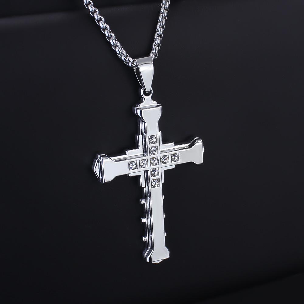 Titanium Stainless Steel Cross Necklace with Rhinestones - Men's Bold Fashion Accessory
