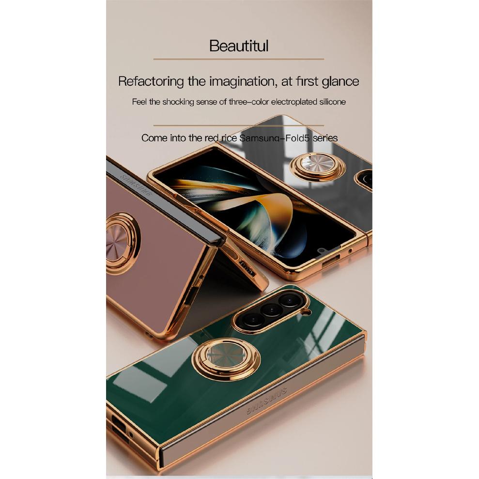 Luxury Plating Metal Ring Holder Phone Case For Samsung Galaxy Z Flip 5 4 / Z Fold 6 7 Flip7 Fold7 5G Silicone Back Cover Funda