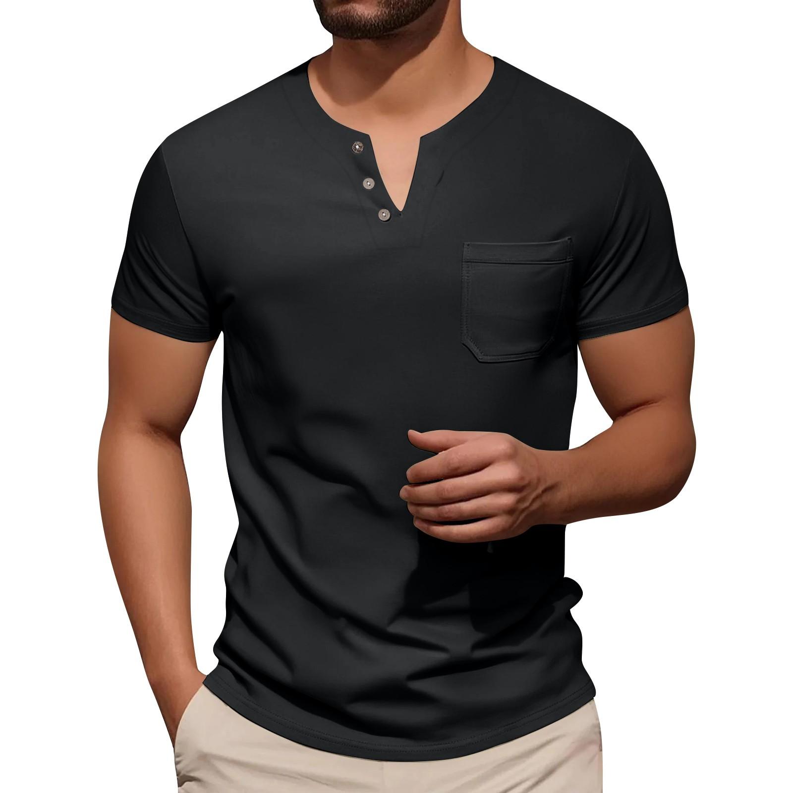 

Мужская однотонная спортивная повседневная рубашка с V-образным вырезом и короткими рукавами M чёрный