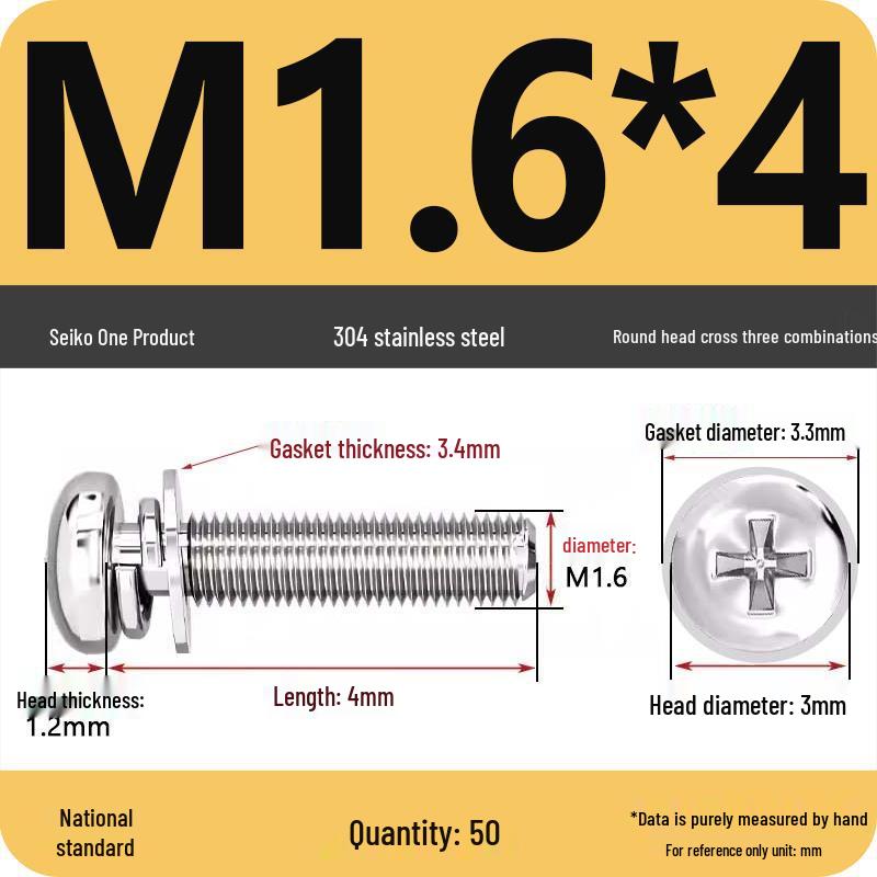 304 Stainless Steel Round Head Phillips Screw with Flat Washer (Sizes M3, M4, M5, M6)
