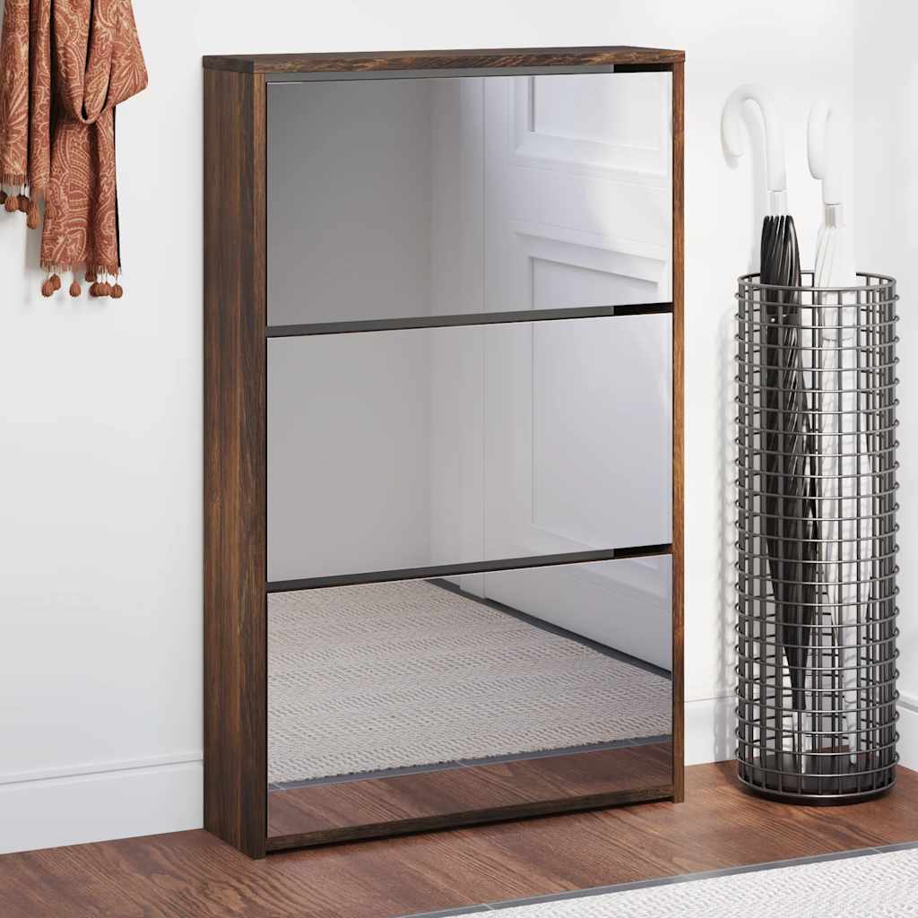 Shoe Cabinet with Mirror 3 Flip Down Compartments Smoked Oak Finish 63 x 17 x 102.5 cm