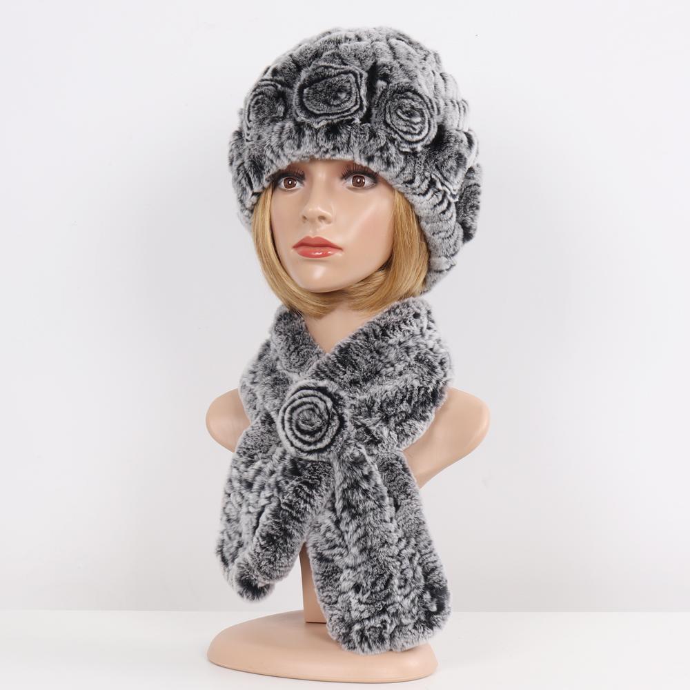 Hot Sale Lady Natural Fur Hats Scarves Sets Women Winter Knit Real Rex Rabbit Fur Hats Muffle 2 Pieces Real Fur Hat Scarf