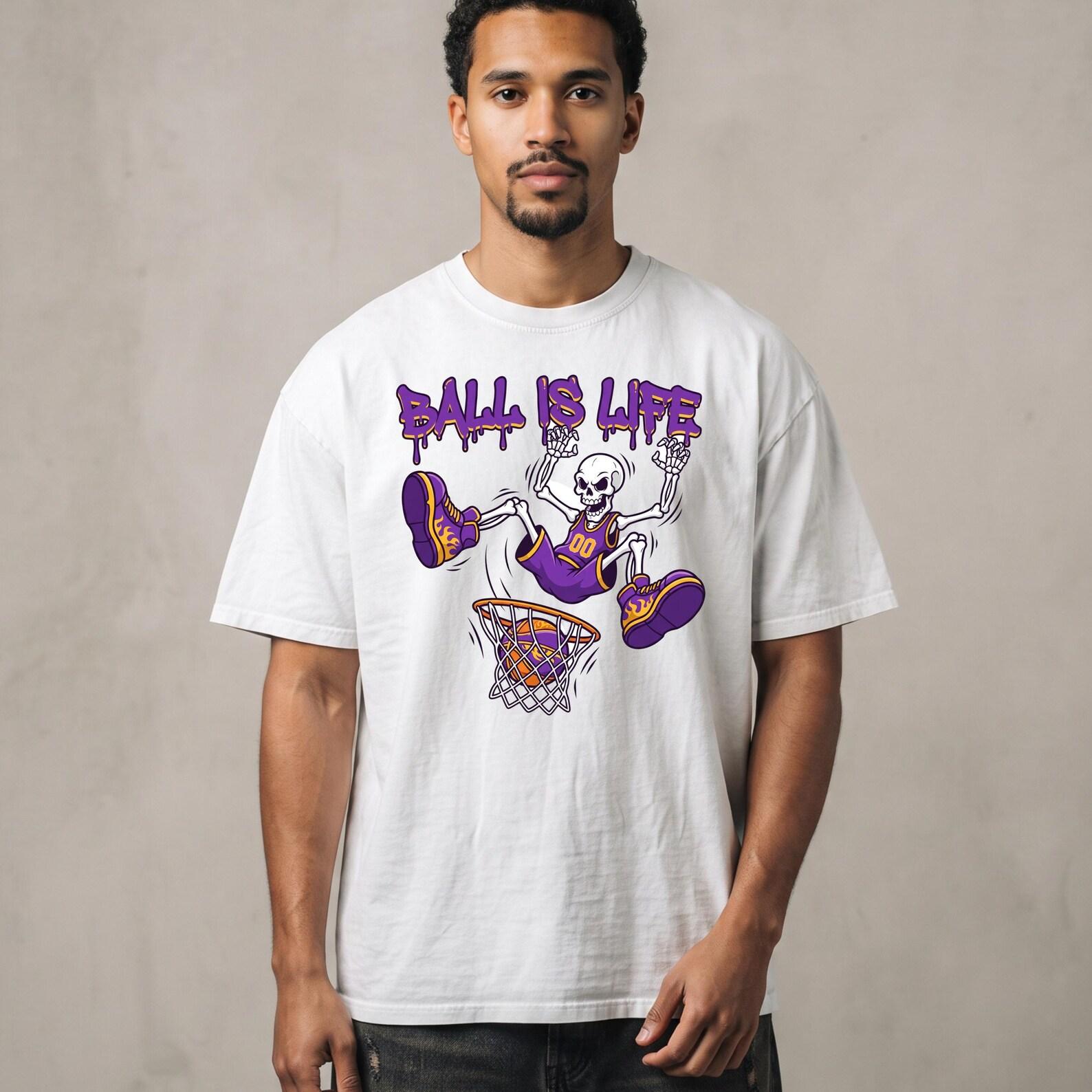 Ball Is Life Skeleton Dunk Tee | Purple Gold Hoops Streetwear Kids Adult Gift 4XL