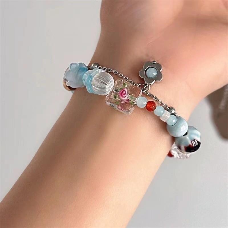 Fashionable Summer Dopamine Rainbow Beaded Flower Bracelet For Women Trendy Jewelry Gift