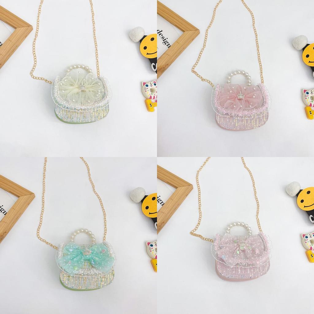 Childrens Canvas Bag With Artificial Pearl Handle And Butterfly Cartoon Pattern For Daily Use