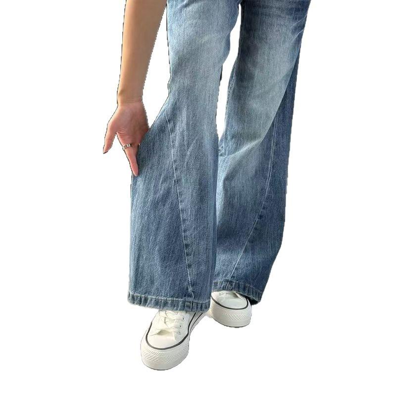 Vintage American Washed Lightning Straight Jeans Women's New Loose Spring Crack Slightly Raised Waist Mopping Pants
