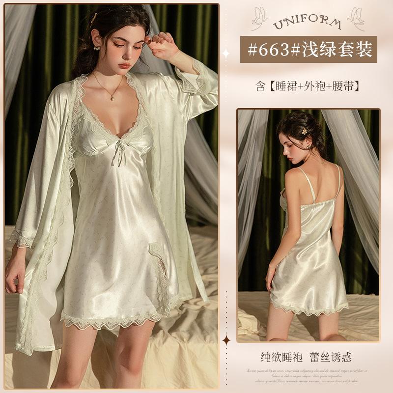 Sexy women's pajamas premium pure lace suspender nightdress with chest pad long-sleeved loungewear set