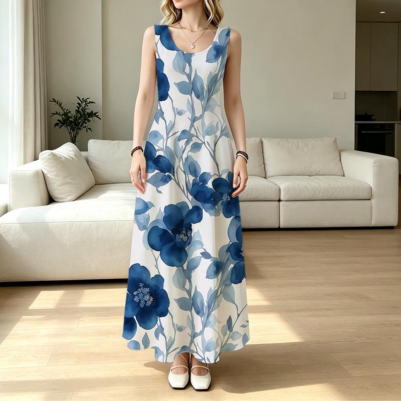 Women's Bohemian A-Line Sleeveless Maxi Dress Blue White Floral Print,Lightweight & Versatile for Vacation Casual Wear