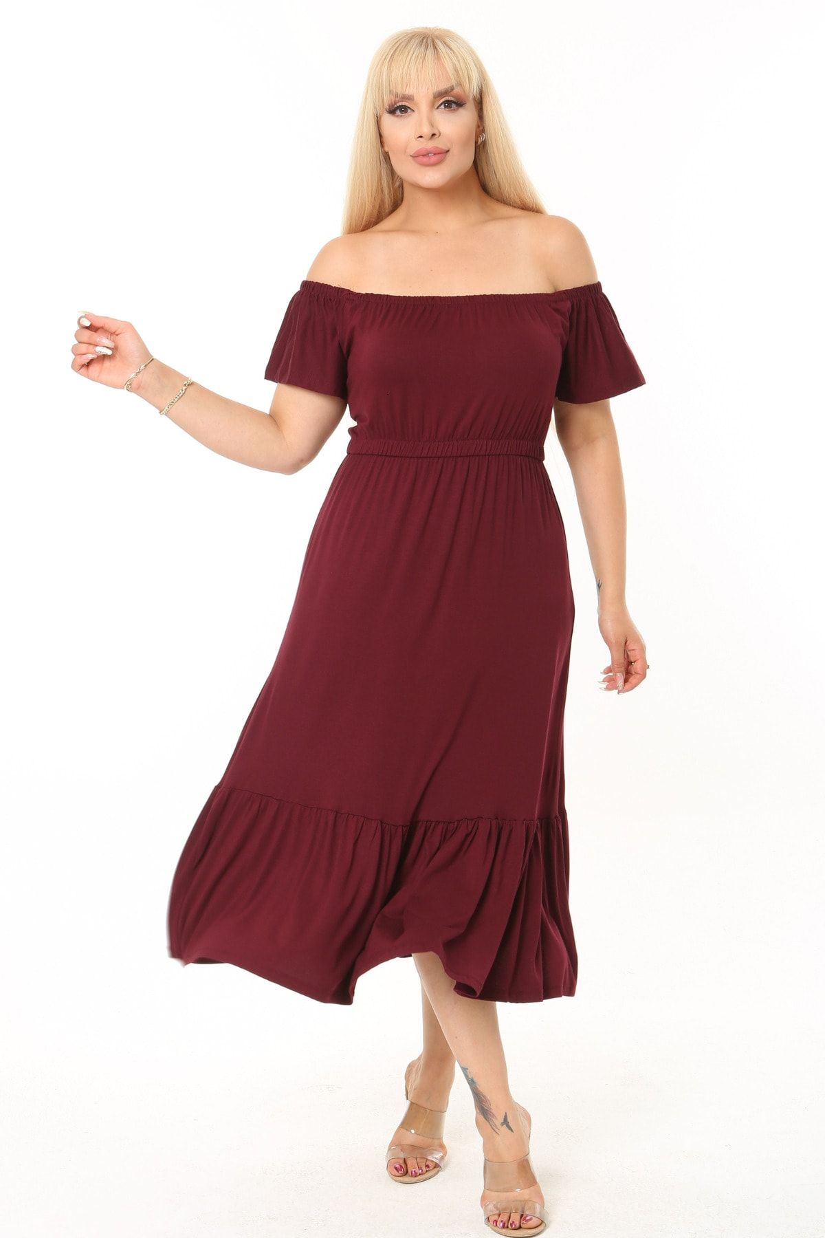 

Women s Big Size Dress Burgundy Madonna Collar Strap Dress