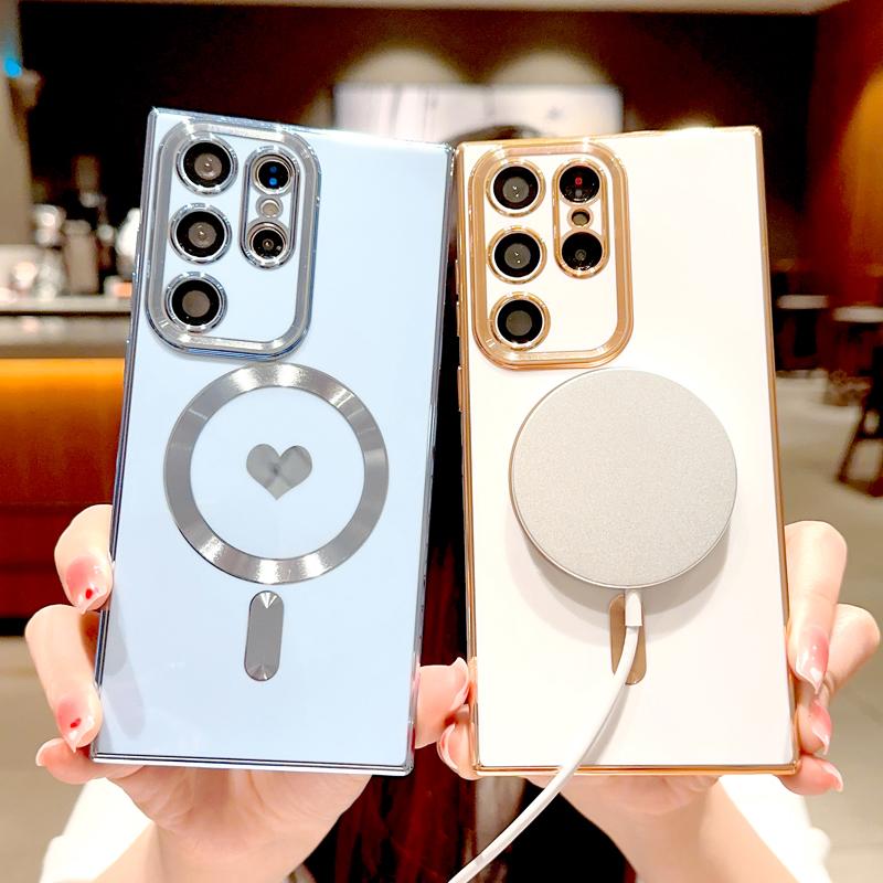 Plating Soft TPU Case For Samsung Galaxy S26 S25 S24 S23 S22 S21 Ultra Plus For Magsafe Magnetic Charge Love Heart Full Cover