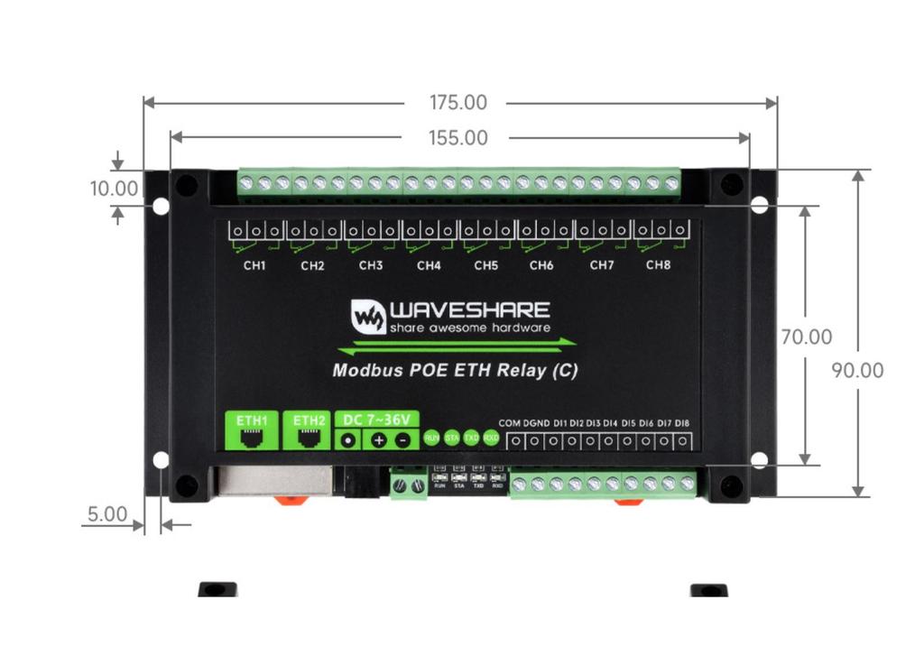 Industrial Dual Ethernet 8-Channel Relay Module with Type-C PoE and Network Port Cascading.