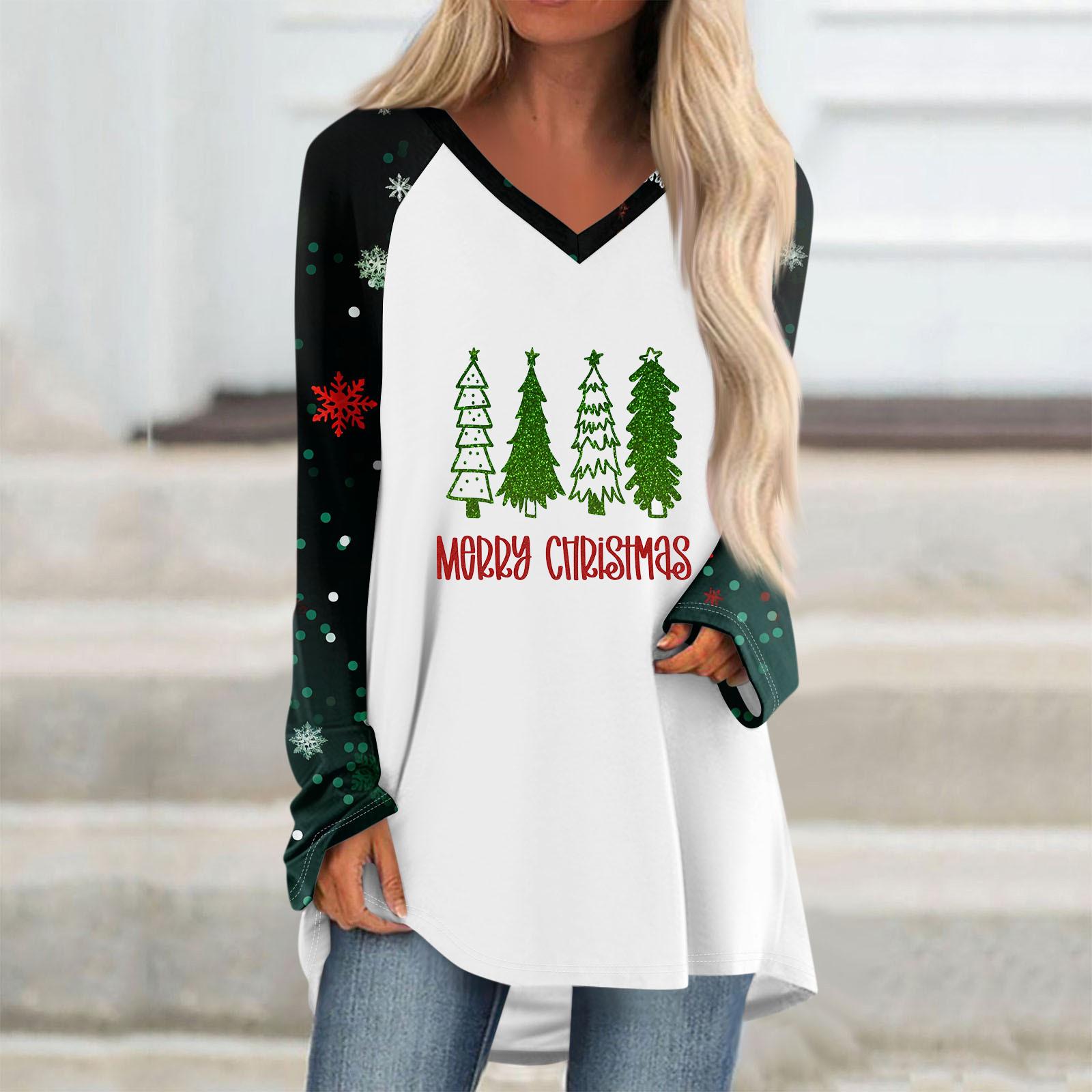 

Женская осенне-зимняя повседневная длинная свободная футболка с длинными рукавами и V-образным вырезом с рождественским принтом XXXL