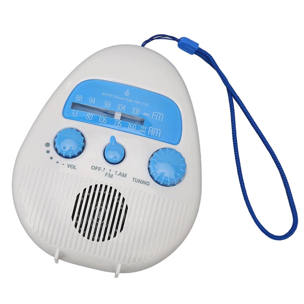 AM/FM Radio with Built-in Speaker, Portable Bathroom Radio, Battery-Operated, Dustproof and Waterproof, Compact, for Bath and Bathroom Use