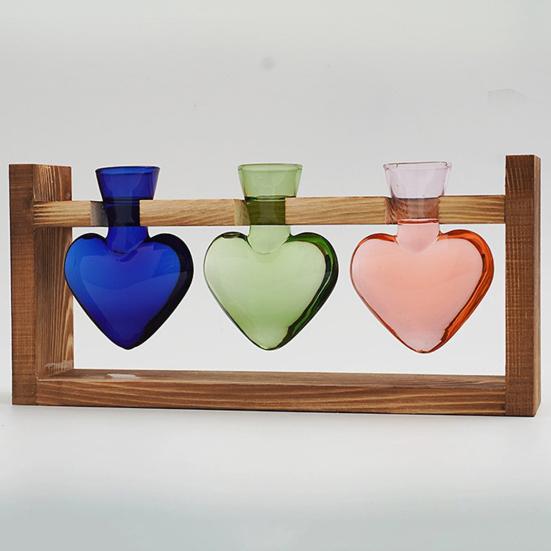 Plant Propagation Station Glass Vase with Wooden Frame Hydroponic Plant Terrarium Kit Love Bulb Vase for Indoor Plants Desktop Decor