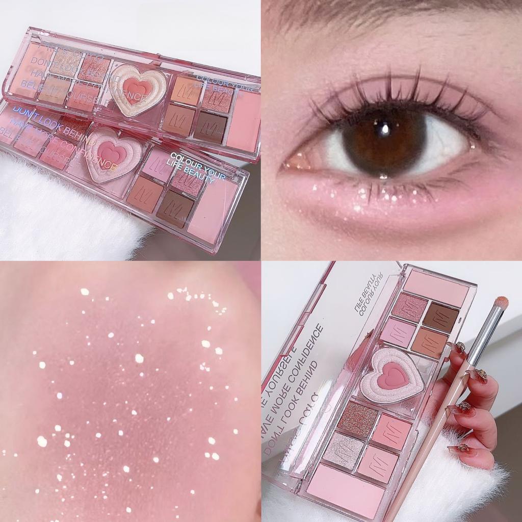 Gliter Love Heart Pink Eyeshadow Palette Natural Cool Tone Low Saturation Eye Shadow Pallet Brown Korean Makeup Cosmetic