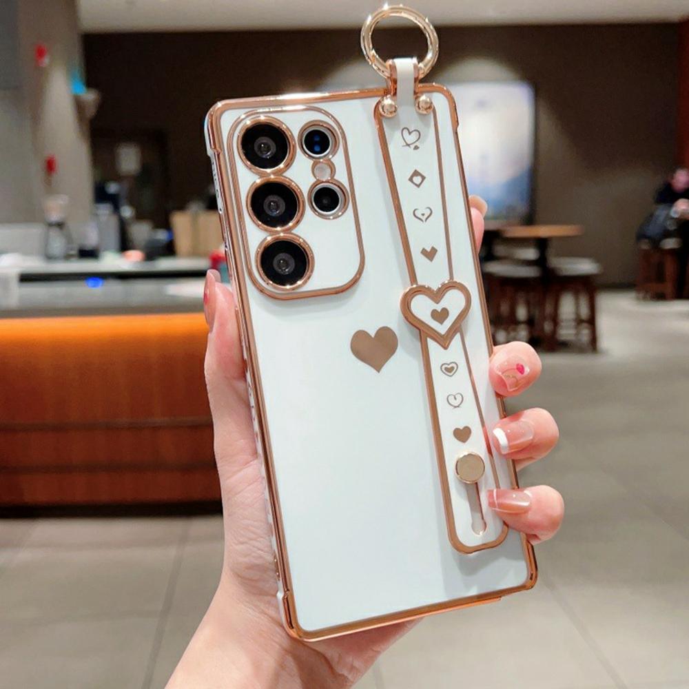For Samsung Galaxy S26 Ultra Case Wristband Kickstand Electroplated Love Heart TPU Phone Cover Finger Holder