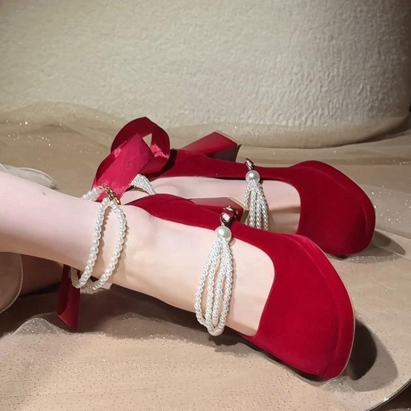 2026 New Little Mary Jane High Heels Temperament Block Heel High-end Pearl Platform Wedding Shoes