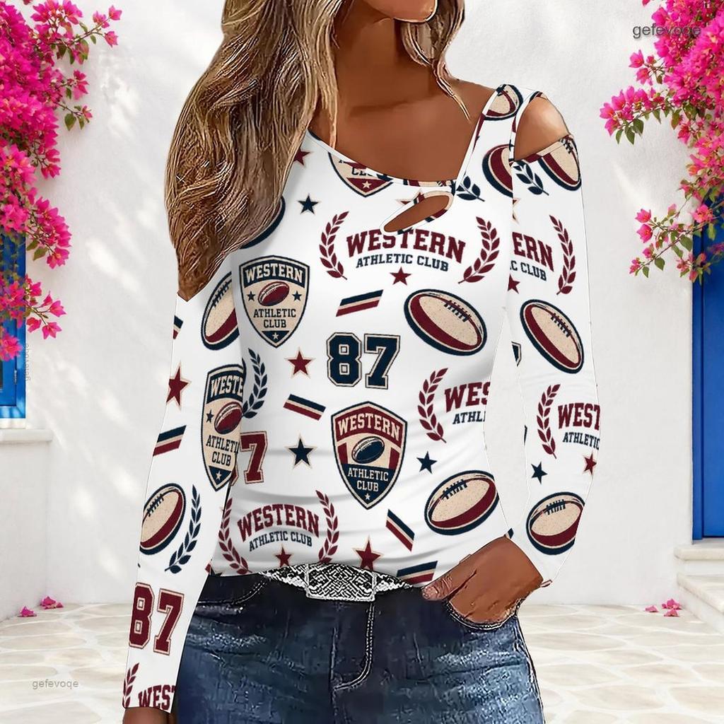 Women Plus Size White Asymmetric Cutout Neck Cold Shoulder Long Sleeve Sailboat Printed Top
