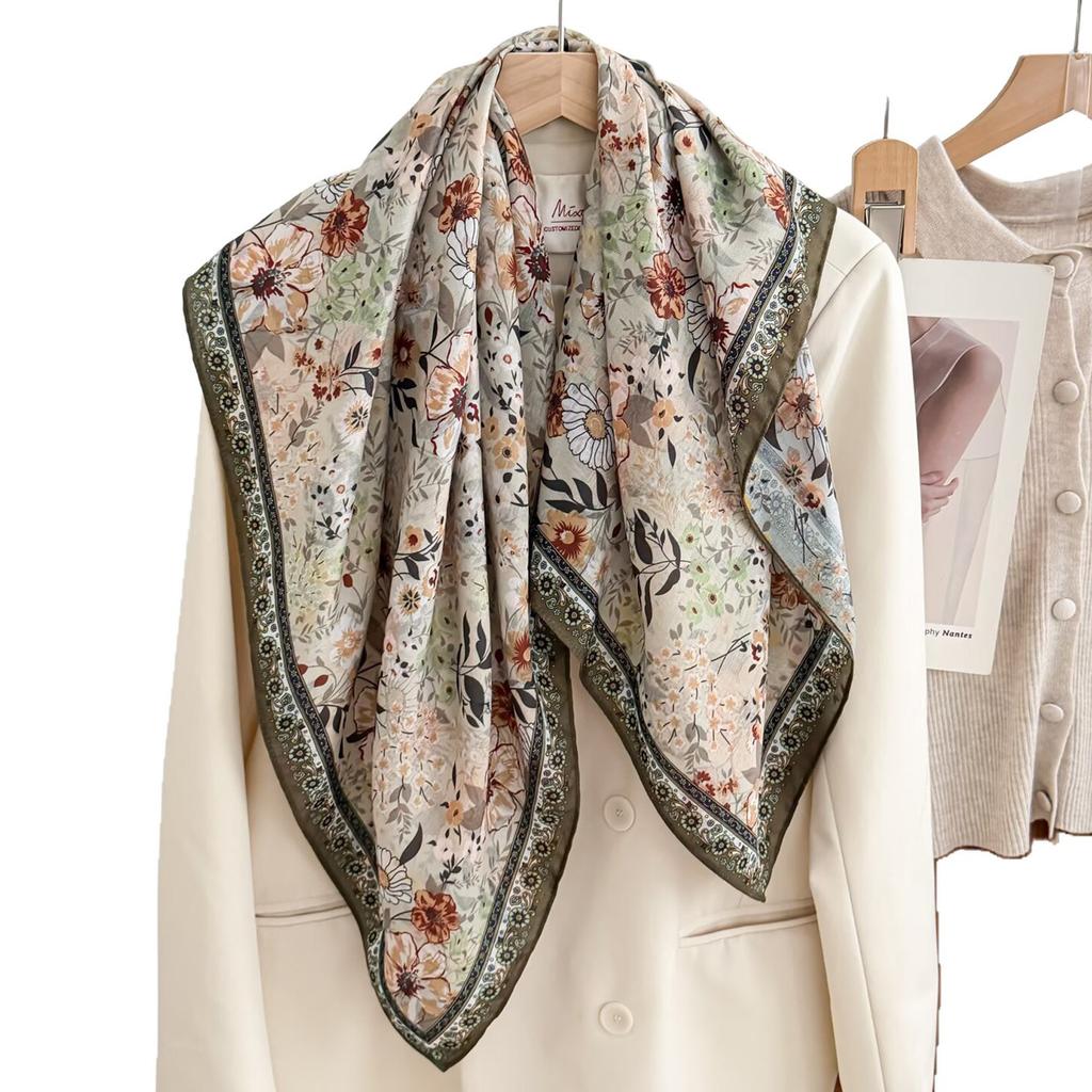 Pastoral Floral Velvet Double-sided Scarf 91 Large Square Scarf Women's Summer Travel Photo Silk Scarf Sun Protection Shawl
