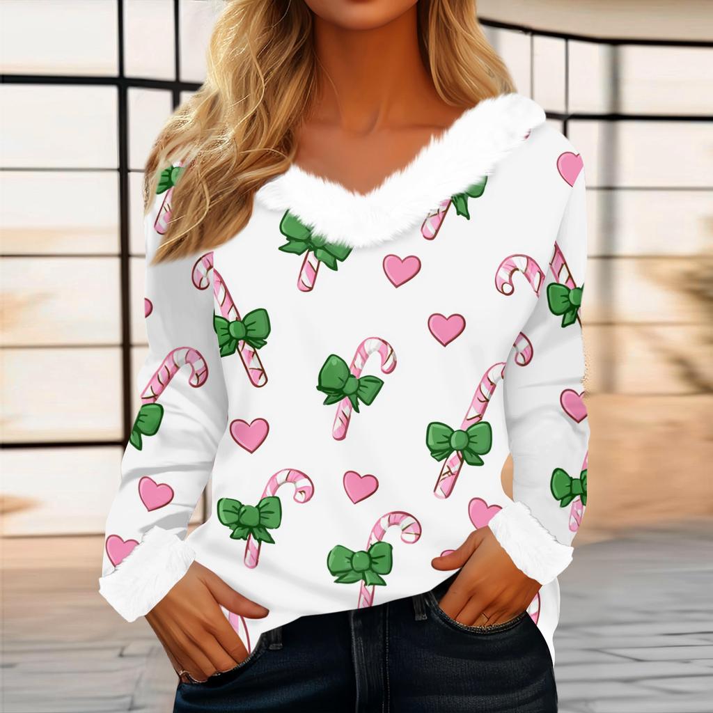 Women's Casual Fashion Long Sleeve Christmas Printed Flannel Collar Top