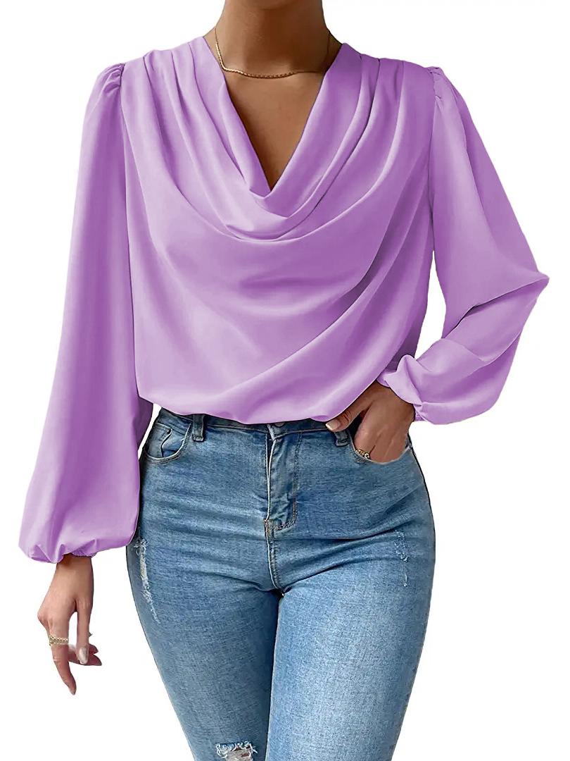 

2025 Women s European & American Chiffon V-Neck Long Sleeve Loose Pullover Casual Shirt S фиолетовый