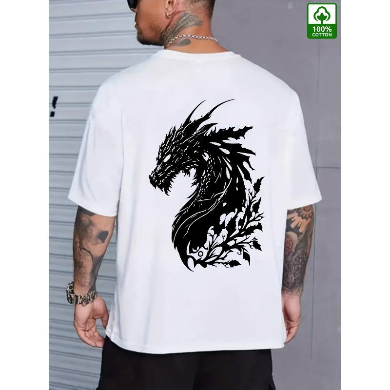 European sizes Men's Summer T-Shirt with Black Dragon Print, Short Sleeve Round Neck Tee for Outdoor and Casual Attire