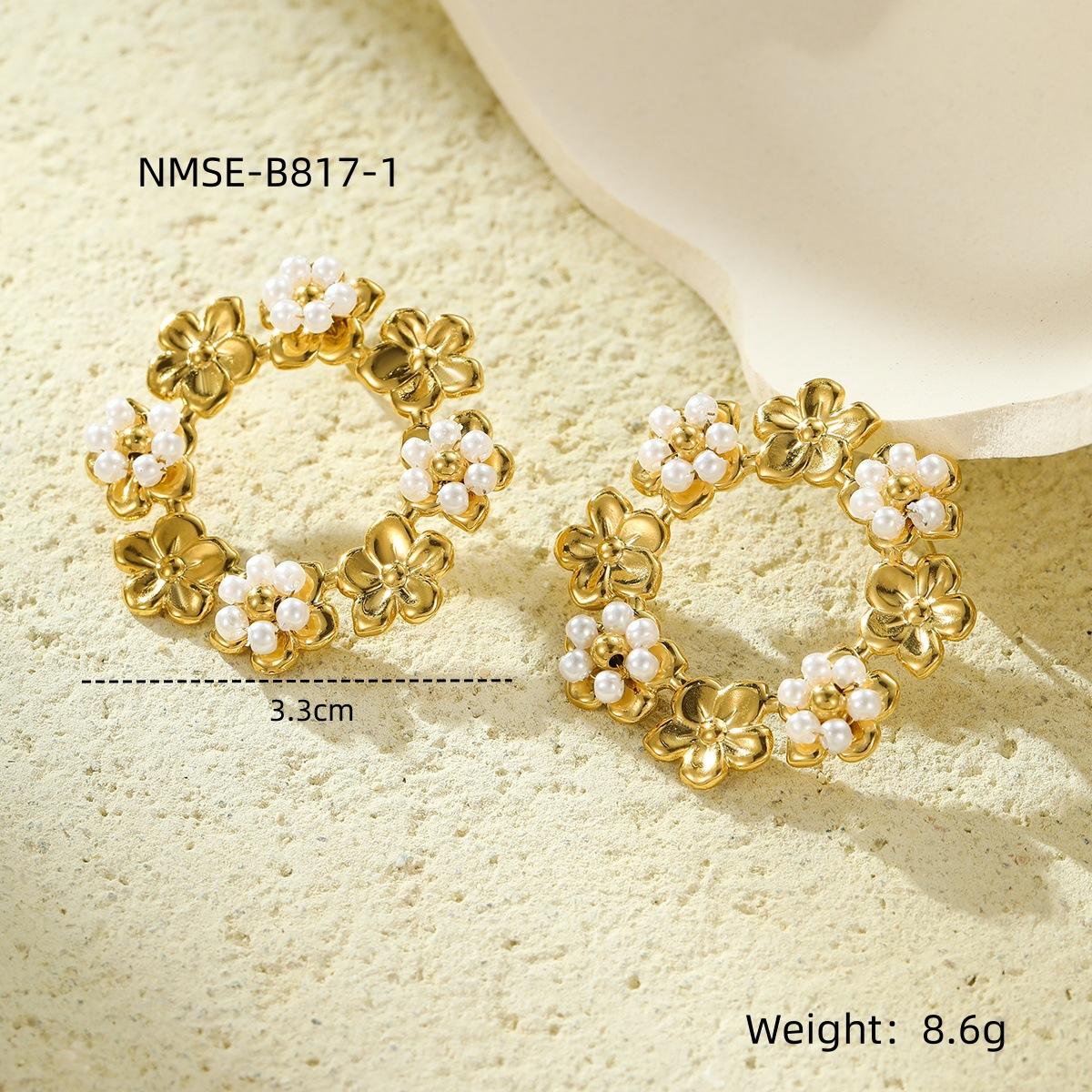 GEMCHIC Women s Stainless Steel Circle Beaded Flower Pearl Earrings 18K Gold Plated Fashion Stud Earrings