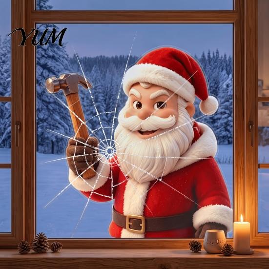Store Window Display Christmas Santa Claus Static Glass Sticker, Removable Reusable PVC Clings for Living Room Bedroom Holiday Party Decoration Broken
