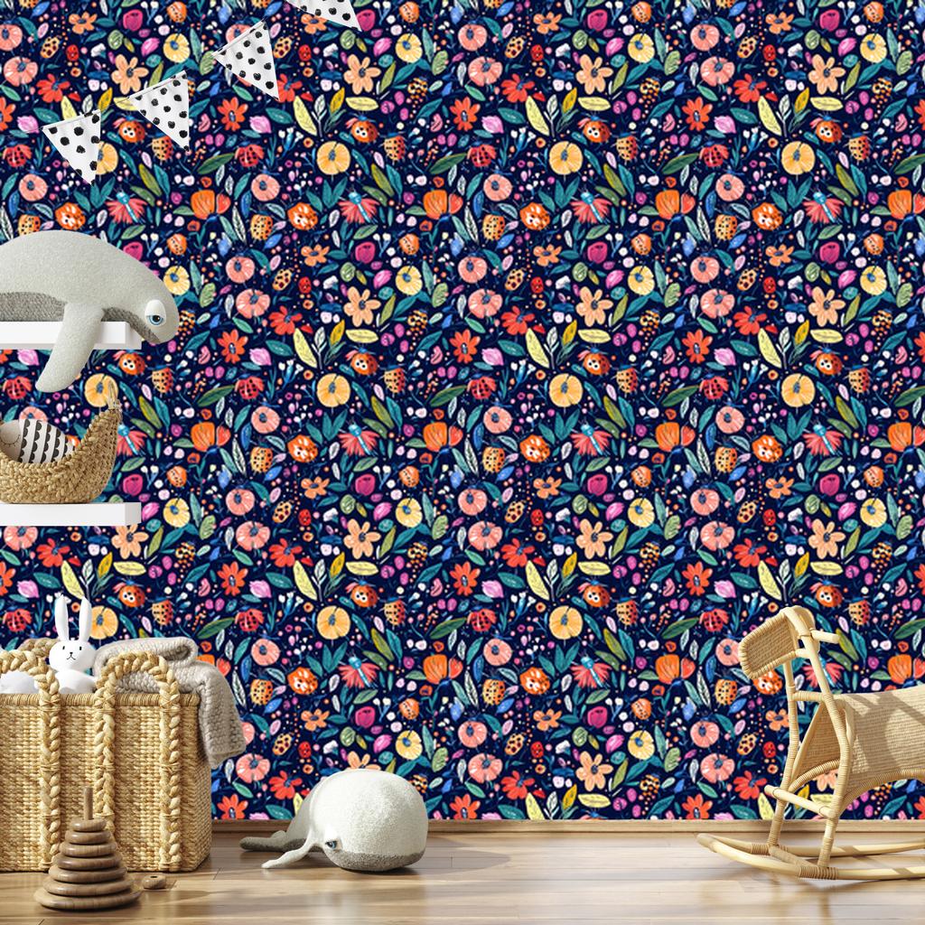 Ladybugs Wallpaper Navy Blue for Living Room and Bedroom 50x1000