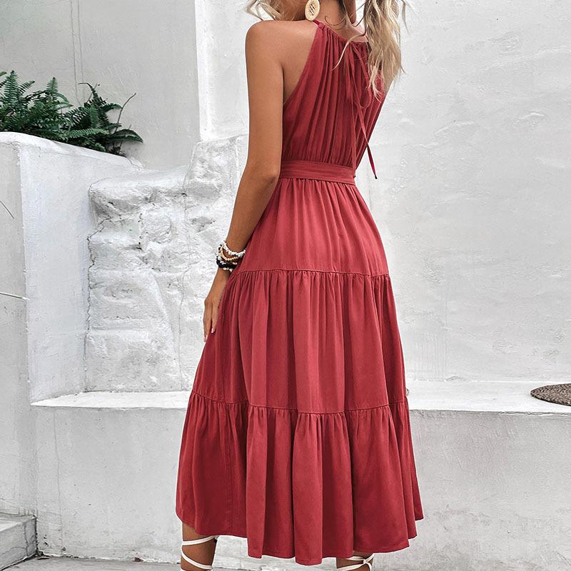 Summer personality elegant neck solid color dress medium and long