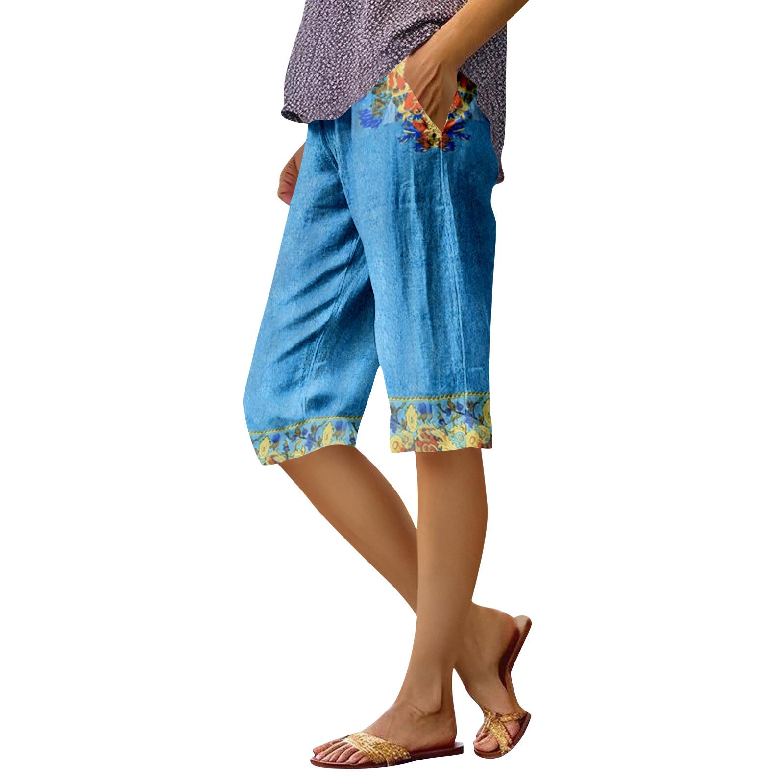 Women s Fashion Printed Pocket Elastic Waist Casual 5/10 Pants M