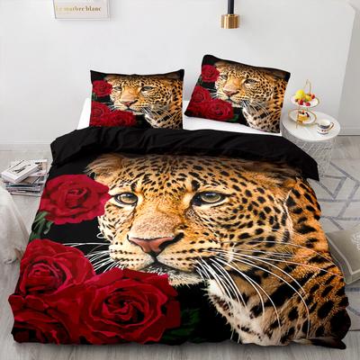 Leopard & Red Rose Bedding Set – Fierce Beast Duvet Cover Set, Perfect Gift for Wildlife Lovers, Fits Twin/Full/Queen/King Size Beds