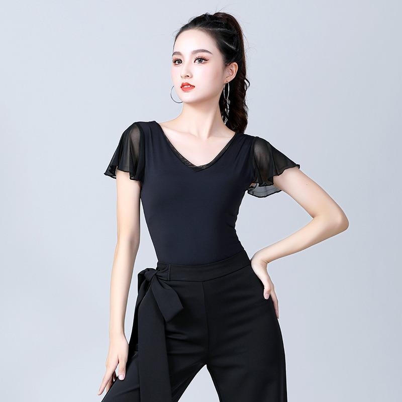 

2024 Женский черный топ с V-образным вырезом и коротким рукавом для современных латиноамериканских танцев