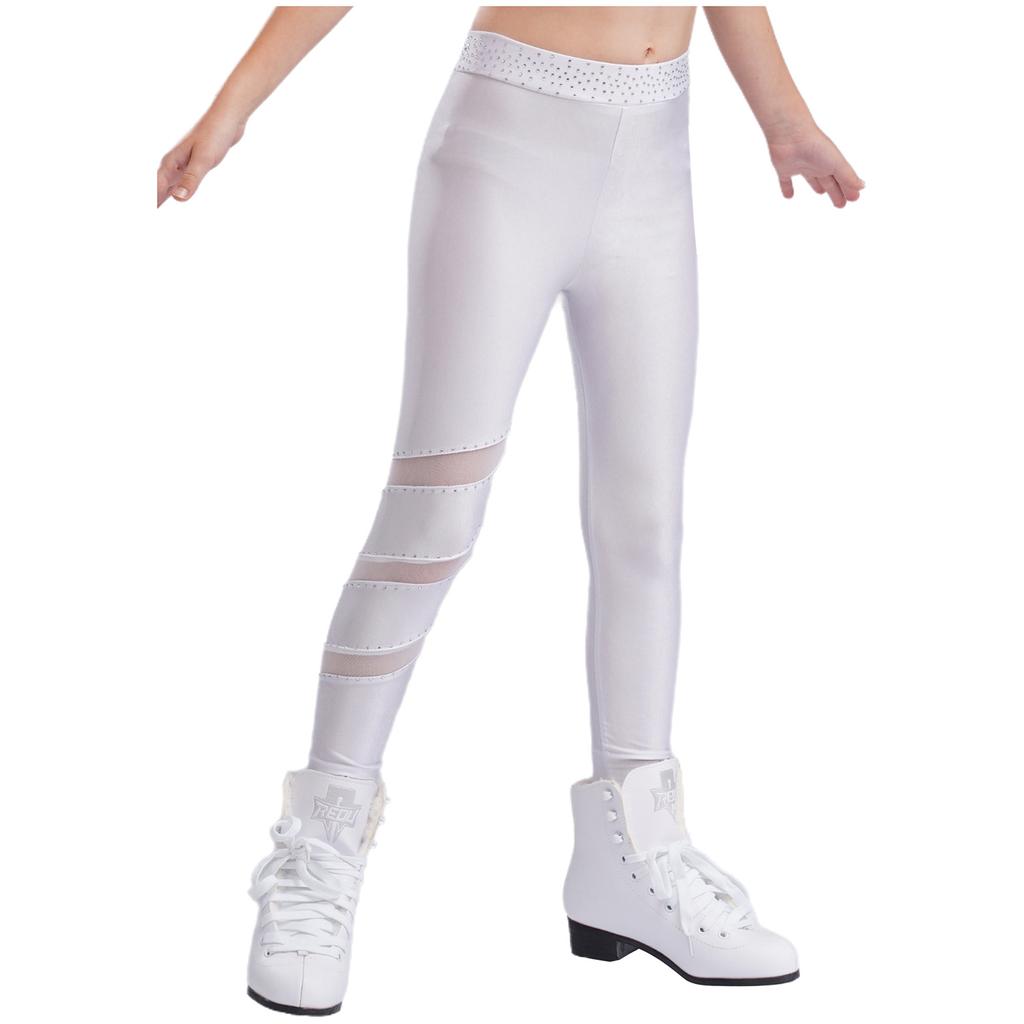 Girls Figure Skating Pants Sparkly Rhinestones Elastic Waistband Leggings Sheer Mesh Patchwork Trousers
