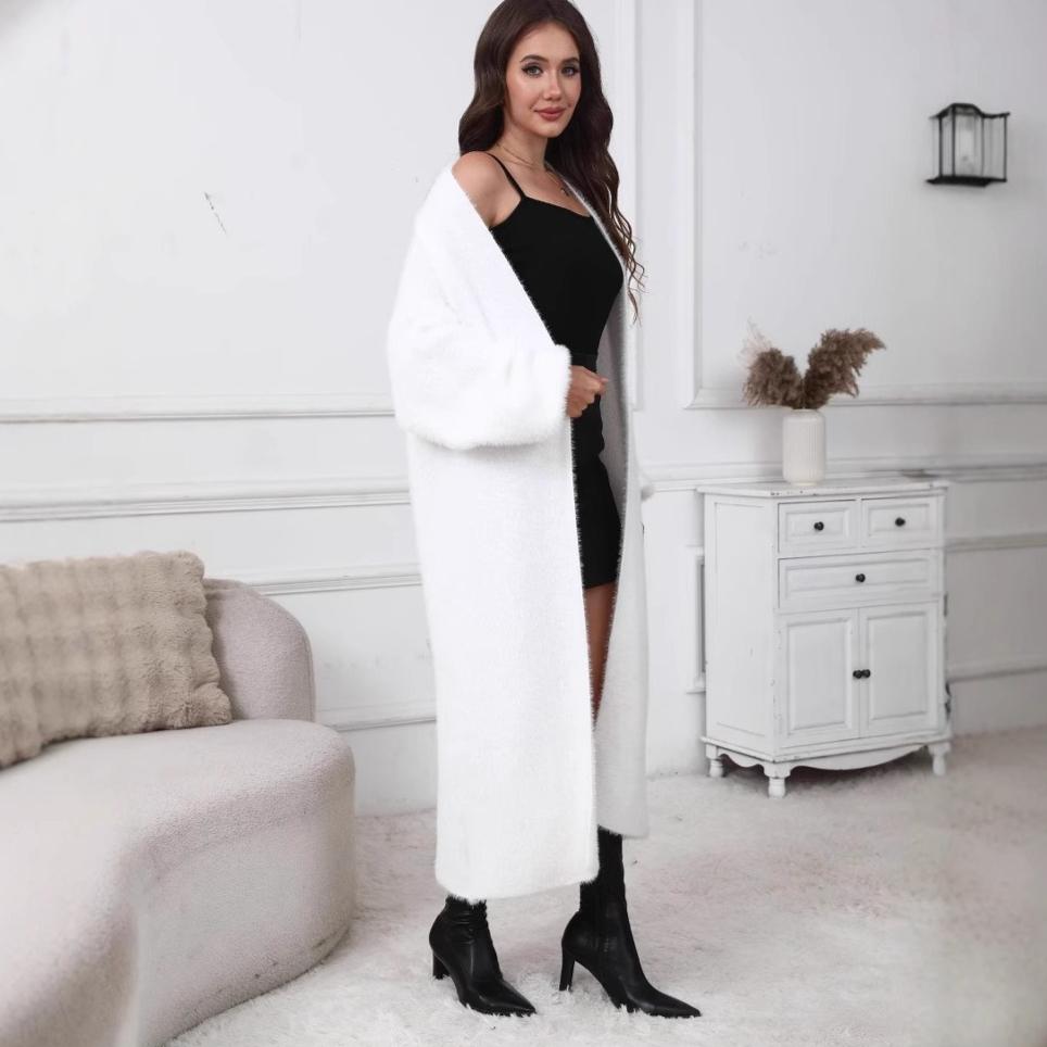 Women's Long Knitted Cardigan Jacket Autumn Winter Loose Faux Mink Fleece Knit Sweater Coat Solid Fleece Open Front Cardigan Coat