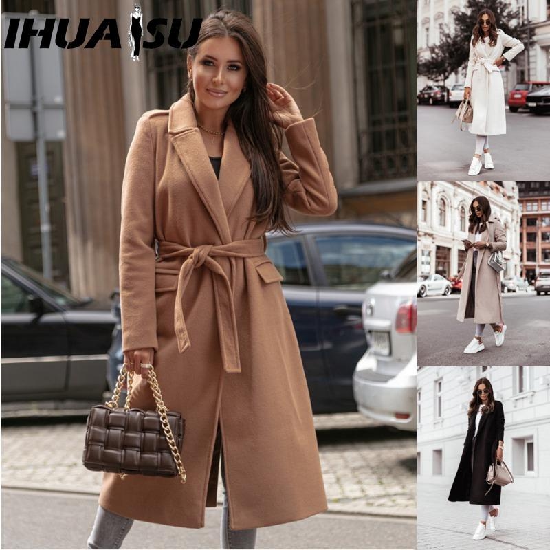 IHUASU Dames Vintage Casual Effen Kleur Print Herfst Winter Lange Mouw POLO Hals Jassen & Jassen