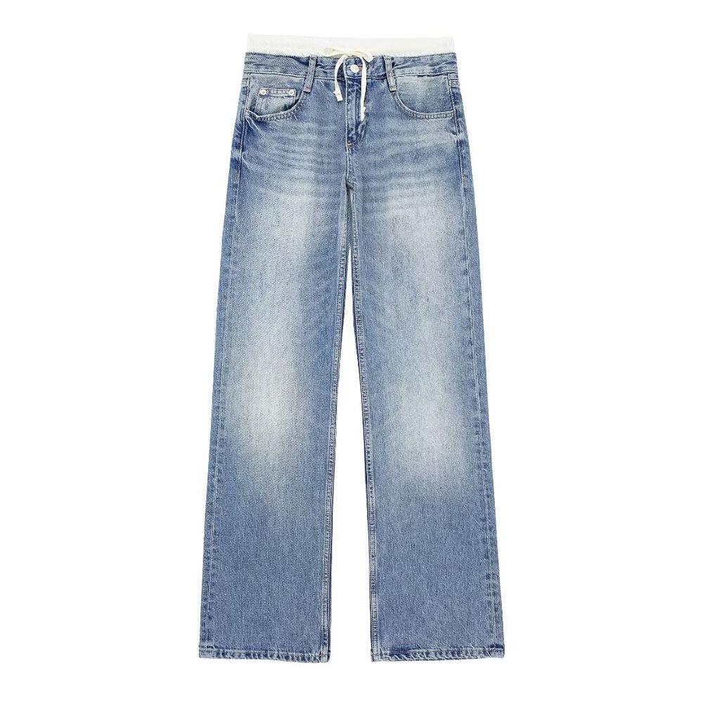 

Zatrax-2024 Women s European Style Mid-Waist Patchwork Wide-Leg Jeans S синий
