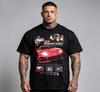 2026 neues schwarzes übergroßes Baumwoll-T-Shirt mit weißem Oberteil, mit zentralem Aufdruck eines Supersportwagens und Muster mit Szenenpanel T-Shirt