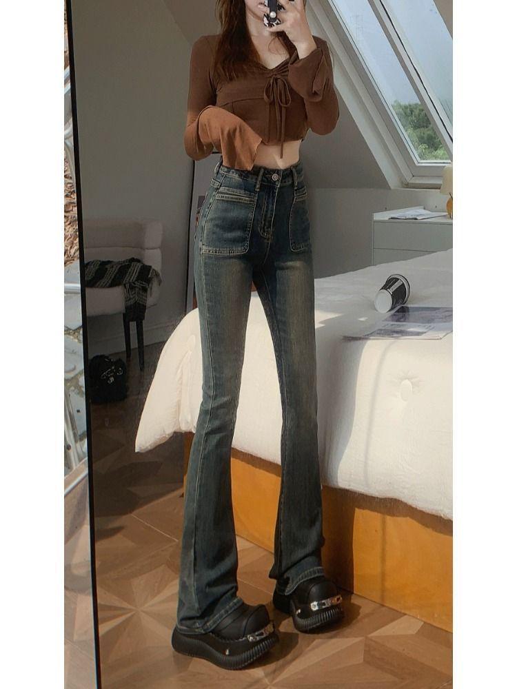 Retro Cement Gray High-Waist Flared Stretch Jeans - 2024 Winter Collection