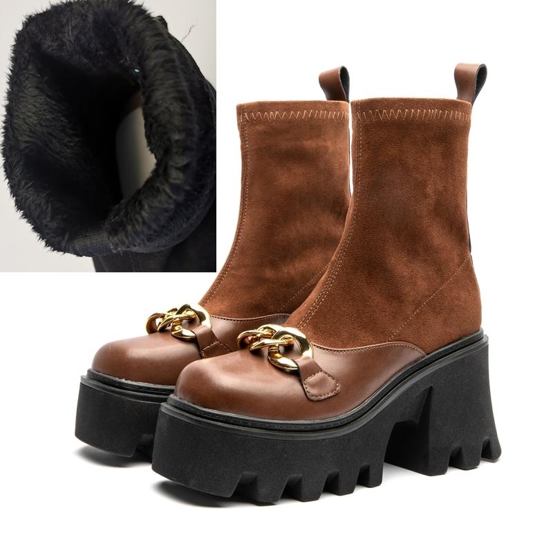 Fashion Women's High Heel Boots Large Size Fashion Stretch Platform Women's Short Boots Suede Leather Chain Women's Booties