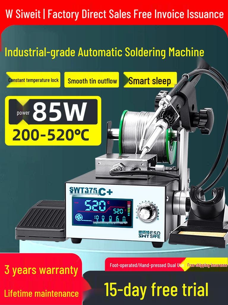 Industrial Grade Automatic Soldering Machine SWT375 with Foot Pedal, High Power Electric Iron, Hand Press Solder Dispensing.