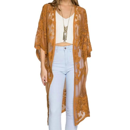 Women Cardigan See-through Thin Lace Embroidery Three Quarter Sleeve Solid Color Mif Length Loose Open Stitch Lady Beach Vacation Cover Up